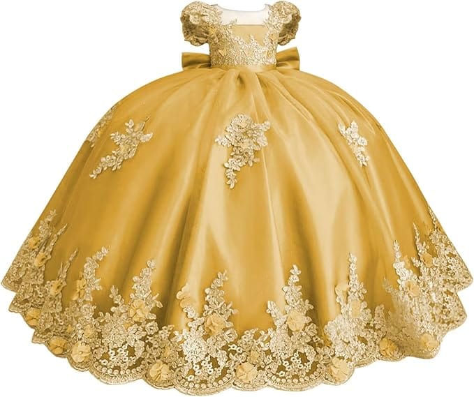 18m / Gold Sunnypetal Gold Appliqué 3D Floral Beaded Flower Girl Dress with Bow and Train