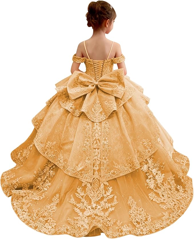 18m / Gold Sunnypetal Lace Appliqué Layered Tulle Ball Gown Flower Girl Pageant Dress with Bow