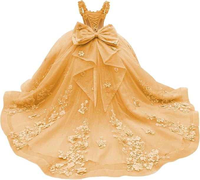 18m / Gold Sunnypetal Light Blue 3D Floral Appliqué Tulle Ball Gown Flower Girl Dress with Bow