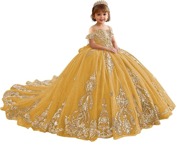 18m / Gold Sunnypetal Luxury Red Gold Embroidery Tulle Ball Gown Flower Girl Dress with Bow