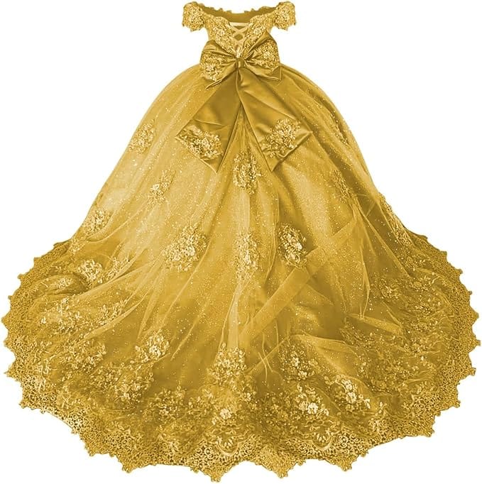 18m / Gold Sunnypetal Off-Shoulder Lace Appliqué Flower Girl &amp; Pageant Ball Gown with Bow