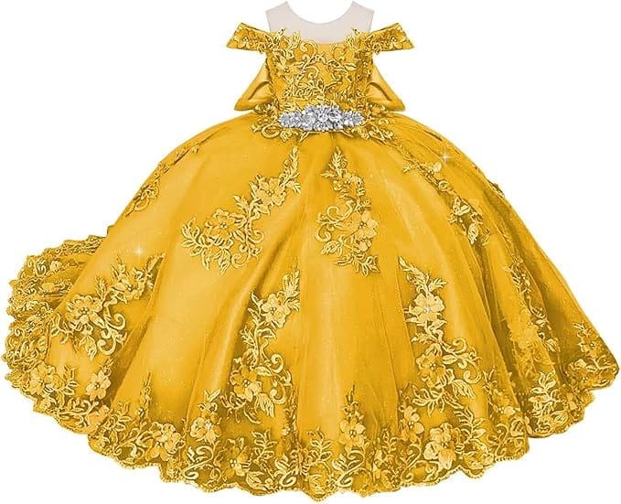 18m / Gold Sunnypetal Off-Shoulder Lace Appliques Tulle Flower Ball Gown Dresses with Bow