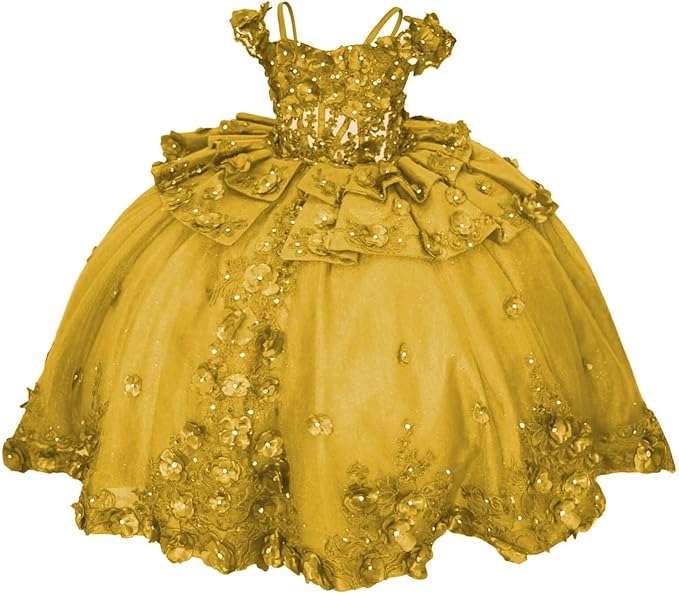 18m / Gold Sunnypetal Royal Blue 3D Floral Lace-Up Tulle Ball Gown Flower Girl Dress with Bows