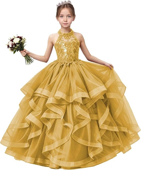 18m / Gold Sunnypetal Sequined Lace Appliqué Tiered Tulle Flower Girl Ball Gown with Halter Neck
