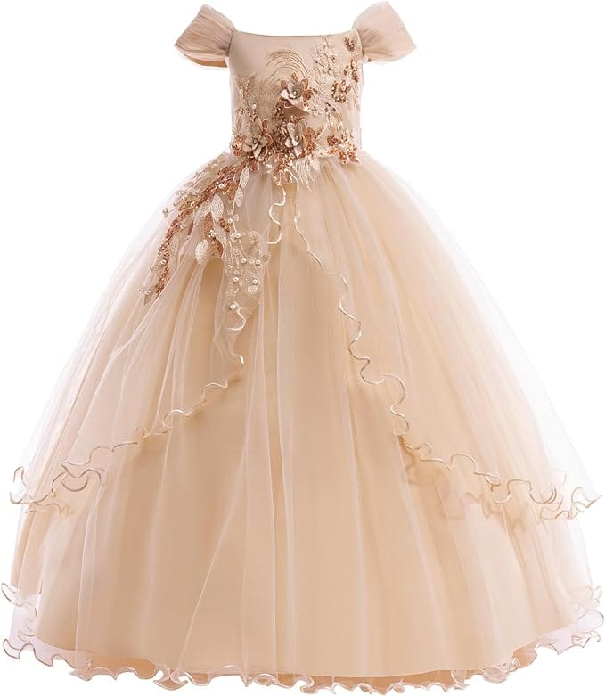 18m / Golden Sunnypetal Elegant Off-the-Shoulder Floral Appliqués Flower Girl Ball Gown
