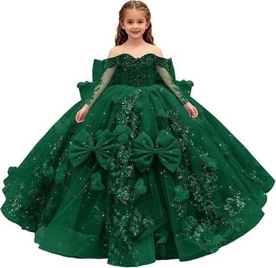 18m / Green Sunnypetal 3D Floral Lace Appliqué Flower Girl Pageant Dress with Sleeves and Bow
