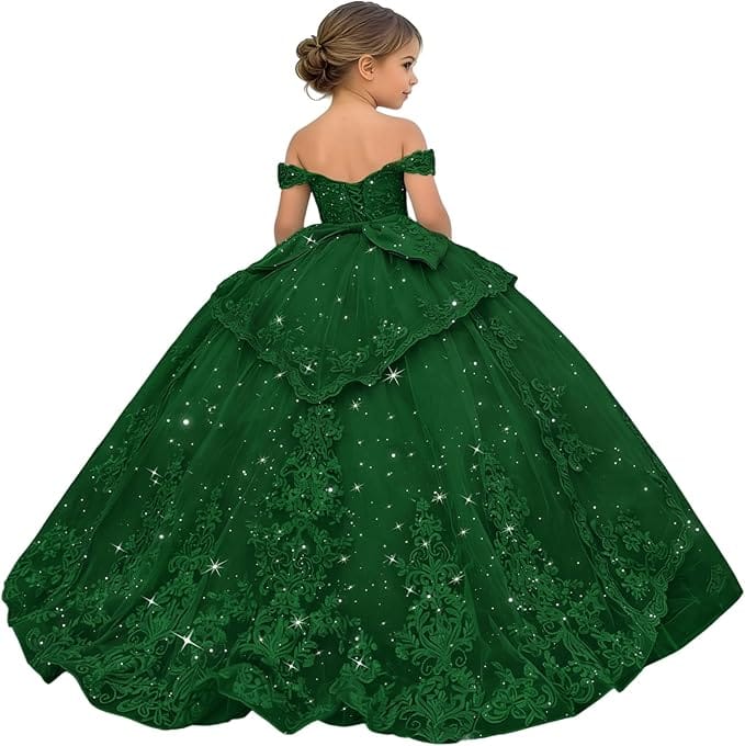 18m / Green Sunnypetal Glitter Layered Tulle Ball Gown Flower Girl Dress with Lace Appliqué and Bow