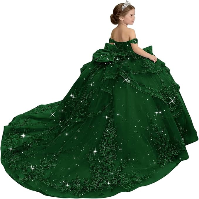 18m / Green Sunnypetal Glitter Layered Tulle Off-Shoulder Girls Pageant Ball Gown with Dramatic Train &amp; Bow