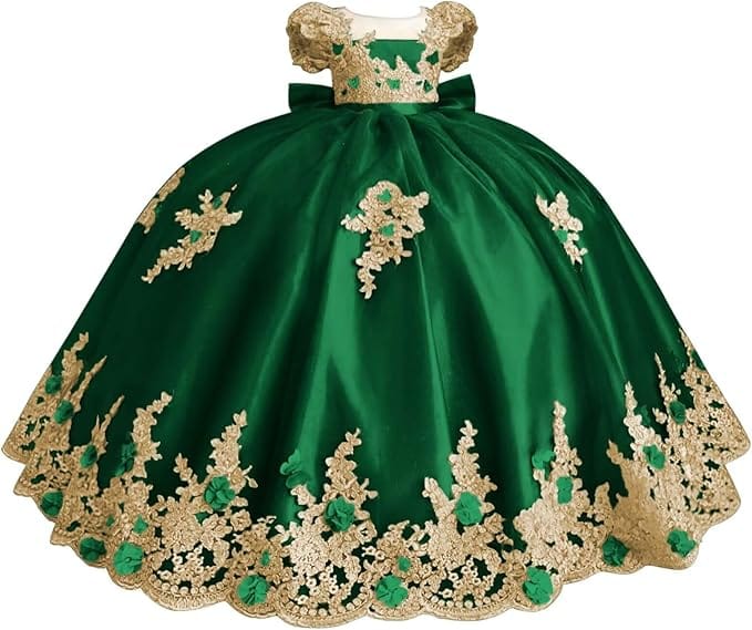 18m / Green Sunnypetal Gold Appliqué 3D Floral Beaded Flower Girl Dress with Bow and Train