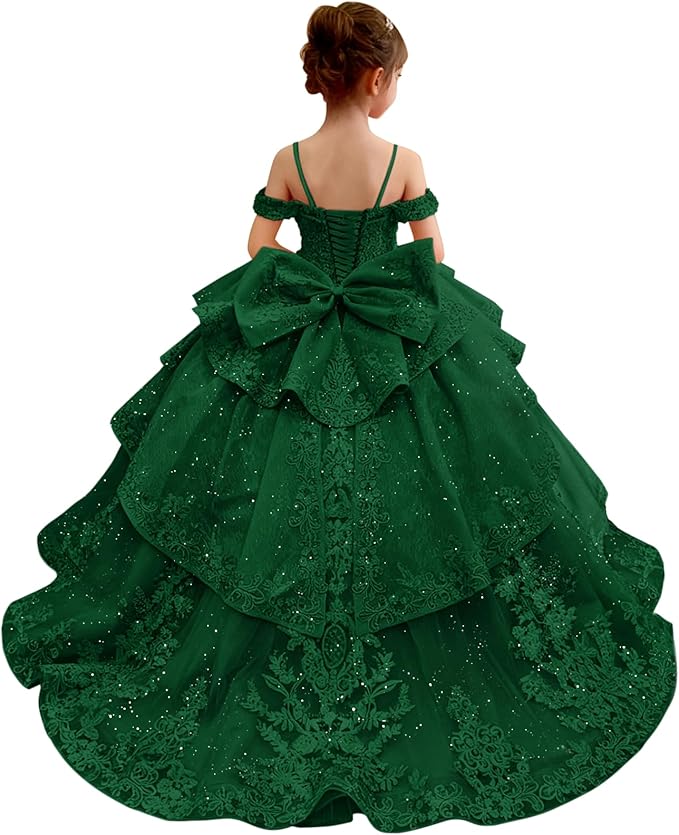 18m / Green Sunnypetal Lace Appliqué Layered Tulle Ball Gown Flower Girl Pageant Dress with Bow