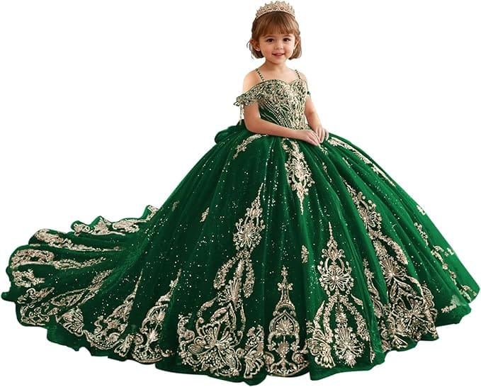 18m / Green Sunnypetal Luxury Red Gold Embroidery Tulle Ball Gown Flower Girl Dress with Bow