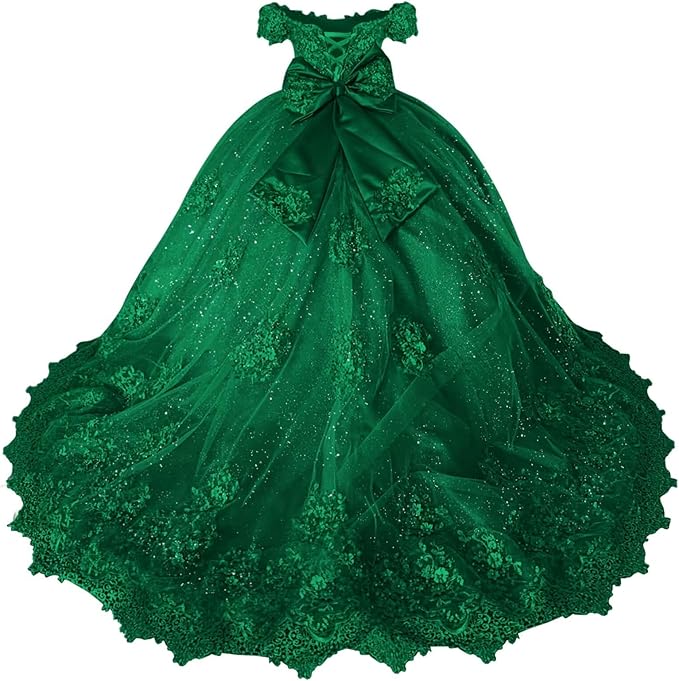 18m / Green Sunnypetal Off-Shoulder Lace Appliqué Flower Girl &amp; Pageant Ball Gown with Bow