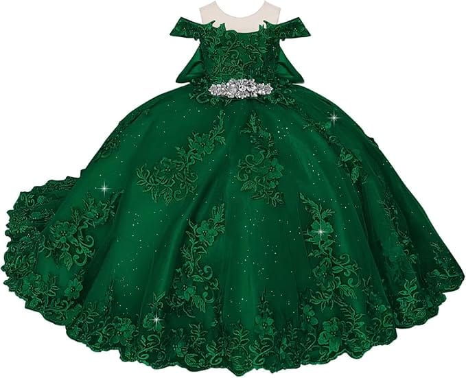 18m / Green Sunnypetal Off-Shoulder Lace Appliques Tulle Flower Ball Gown Dresses with Bow