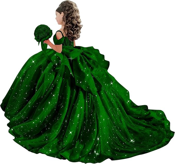 18m / Green Sunnypetal Off-Shoulder Sweetheart Glitter Tulle Flower Girl Dress with Pearls Bow