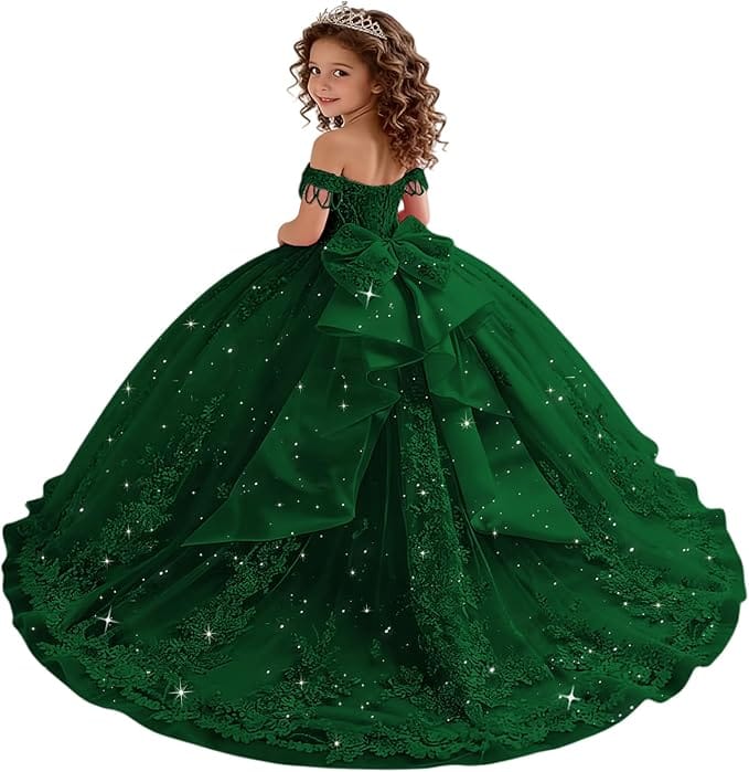 18m / Green Sunnypetal Princess Off-the-Shoulder Lace Appliqué Tulle Ball Gown Flower Girl Dress with Bow