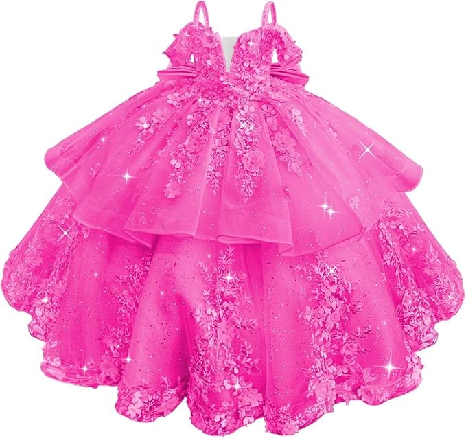 18m / Hot Pink Sunnypetal Elegant Pink Off-the-Shoulder Tulle Flower Girl Dress with 3D Floral Appliqués