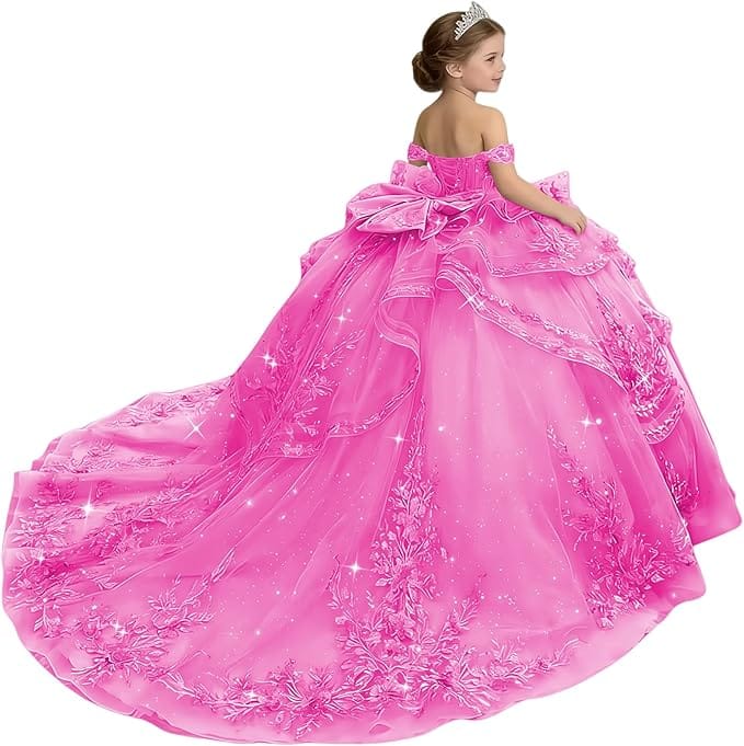 18m / Hot Pink Sunnypetal Glitter Layered Tulle Off-Shoulder Girls Pageant Ball Gown with Dramatic Train &amp; Bow