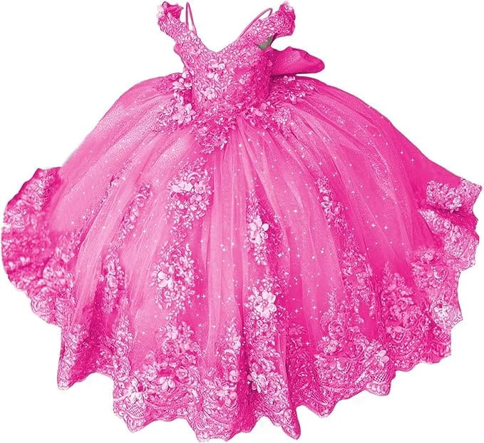 18m / Hot Pink Sunnypetal Lace Appliqué 3D Flower Girl Dress with Bow for First Communion &amp; Pageant
