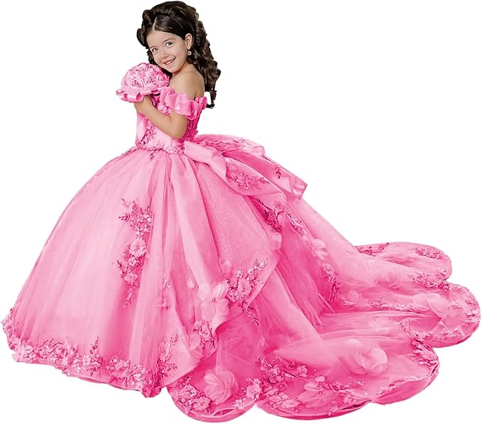 18m / Hot Pink Sunnypetal Layered Tulle Off-Shoulder Flower Girl Pageant Dress with 3D Floral