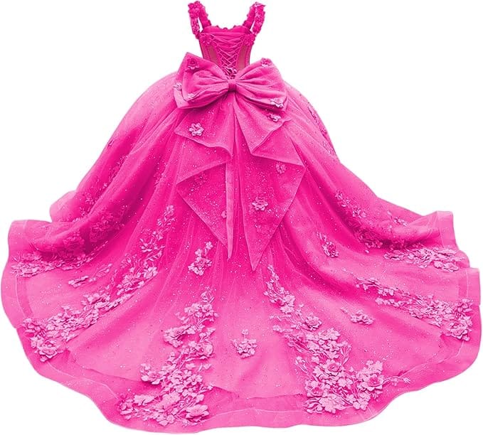 18m / Hot Pink Sunnypetal Light Blue 3D Floral Appliqué Tulle Ball Gown Flower Girl Dress with Bow