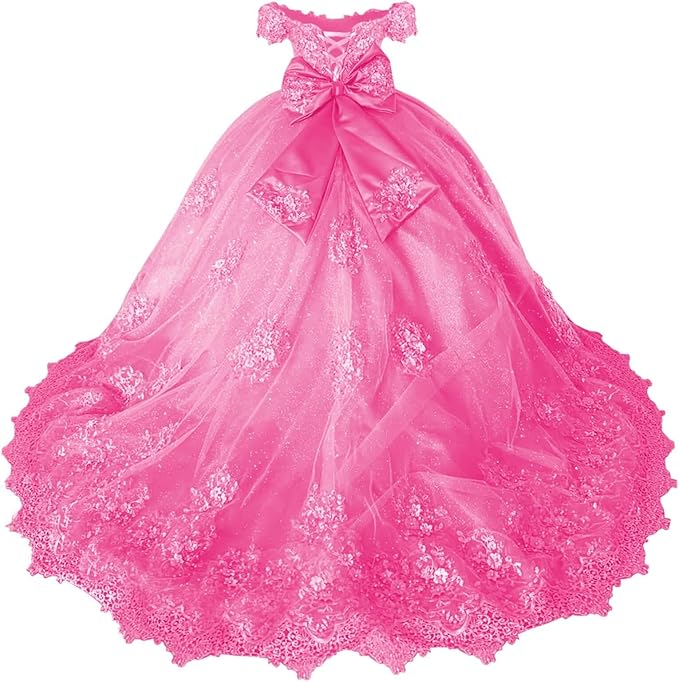 18m / Hot Pink Sunnypetal Off-Shoulder Lace Appliqué Flower Girl &amp; Pageant Ball Gown with Bow