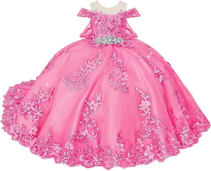 18m / Hot Pink Sunnypetal Off-Shoulder Lace Appliques Tulle Flower Ball Gown Dresses with Bow