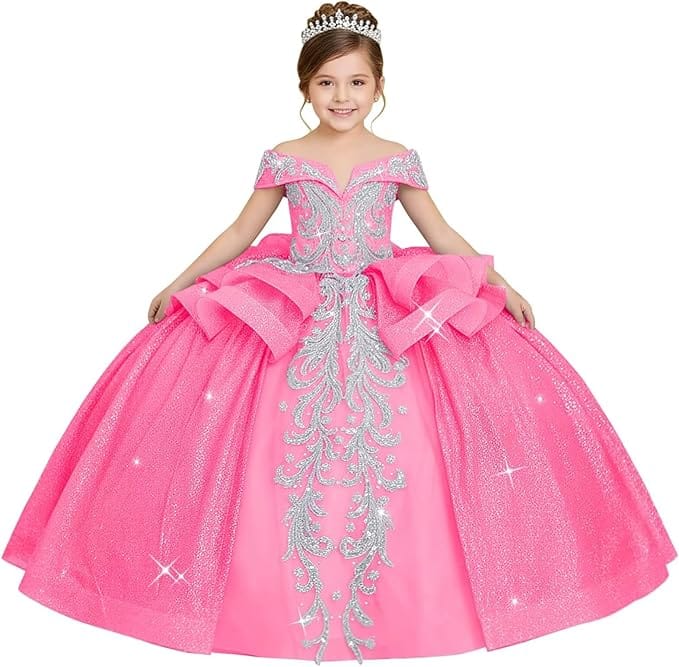 18m / Hot Pink Sunnypetal Off-the-Shoulder Glitter Princess Flower Girl Dress with Lace Appliqués