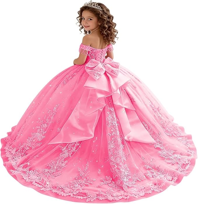 18m / Hot Pink Sunnypetal Princess Off-the-Shoulder Lace Appliqué Tulle Ball Gown Flower Girl Dress with Bow