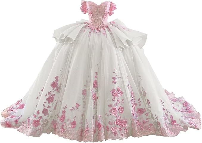 18m / Ivory Sunnypetal Blue & Pink Off-Shoulder Flower Girl Ball Gown with 3D Floral Appliques