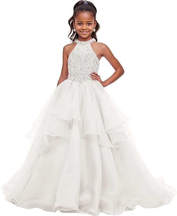 18m / Ivory Sunnypetal Sparkling High Neck Ball Gown Flower Girl Dress with Beaded Bodice