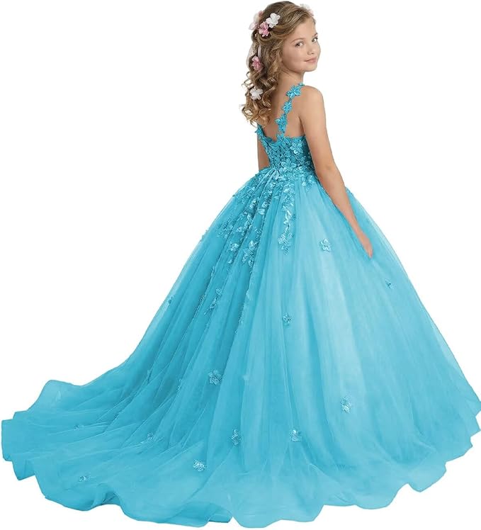 18m / Lake Blue Sunnypetal Enchanted Blush Floral Lace Ball Gown Flower Girl Dress for Special Occasions