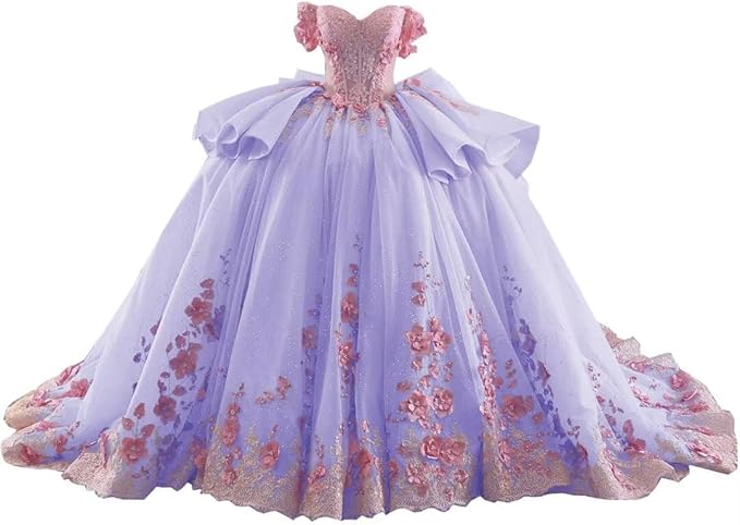 18m / Lavender Sunnypetal Blue & Pink Off-Shoulder Flower Girl Ball Gown with 3D Floral Appliques