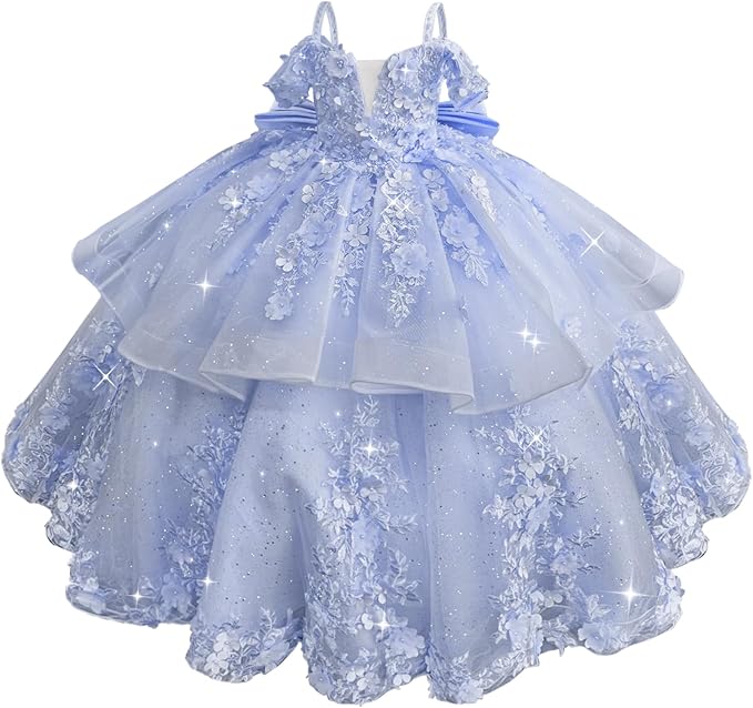 18m / Lavender Sunnypetal Elegant Pink Off-the-Shoulder Tulle Flower Girl Dress with 3D Floral Appliqués