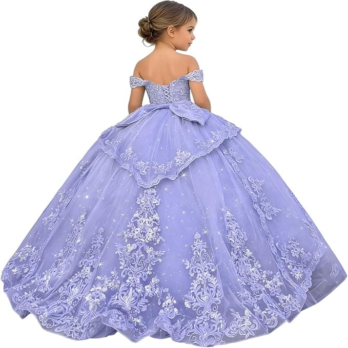 18m / Lavender Sunnypetal Glitter Layered Tulle Ball Gown Flower Girl Dress with Lace Appliqué and Bow