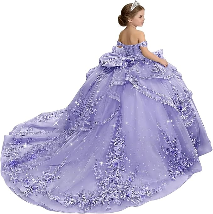 18m / Lavender Sunnypetal Glitter Layered Tulle Off-Shoulder Girls Pageant Ball Gown with Dramatic Train &amp; Bow