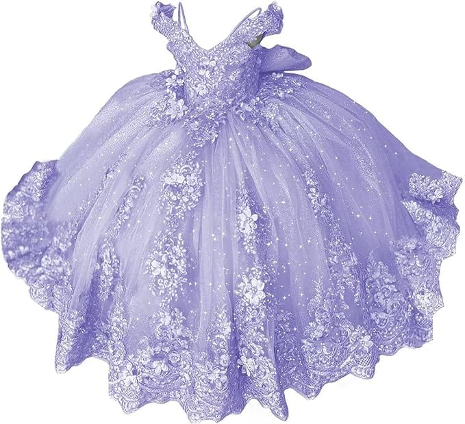 18m / Lavender Sunnypetal Lace Appliqué 3D Flower Girl Dress with Bow for First Communion &amp; Pageant