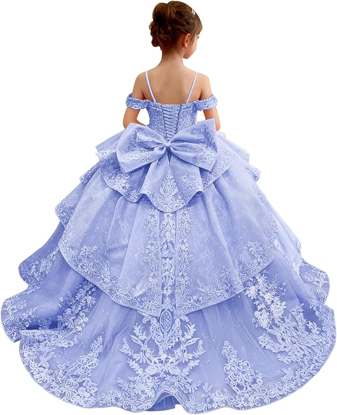 18m / Lavender Sunnypetal Lace Appliqué Layered Tulle Ball Gown Flower Girl Pageant Dress with Bow