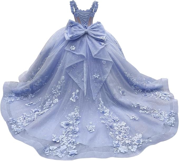 18m / Lavender Sunnypetal Light Blue 3D Floral Appliqué Tulle Ball Gown Flower Girl Dress with Bow