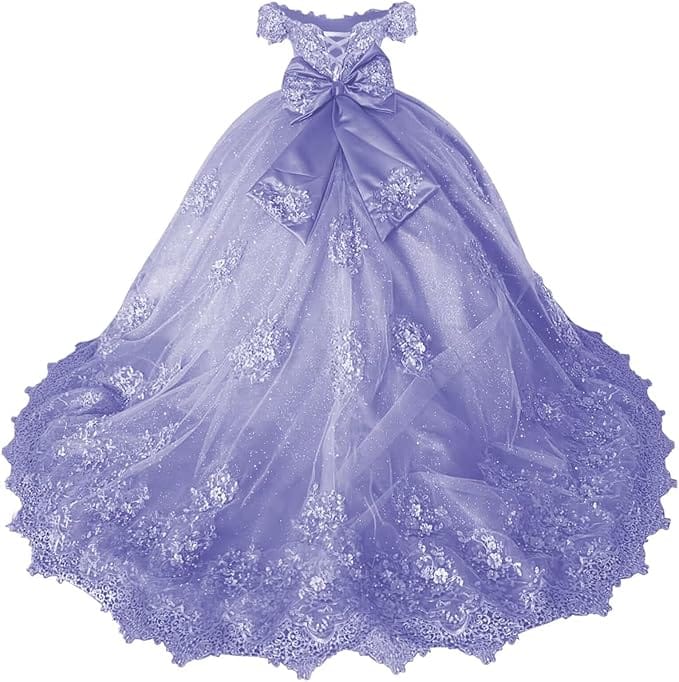 18m / Lavender Sunnypetal Off-Shoulder Lace Appliqué Flower Girl &amp; Pageant Ball Gown with Bow