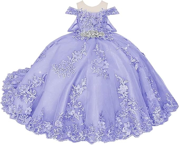 18m / Lavender Sunnypetal Off-Shoulder Lace Appliques Tulle Flower Ball Gown Dresses with Bow