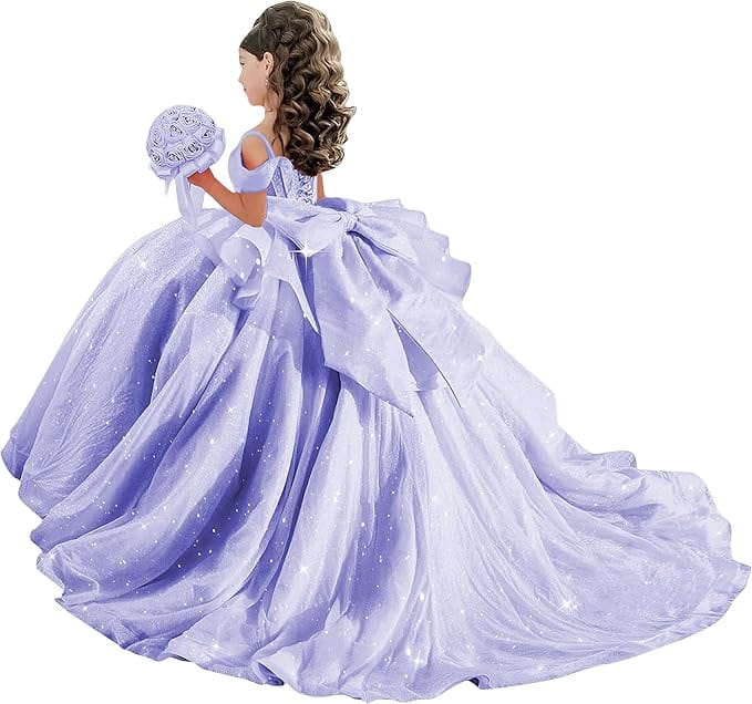 18m / Lavender Sunnypetal Off-Shoulder Sweetheart Glitter Tulle Flower Girl Dress with Pearls Bow