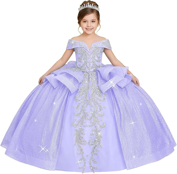 18m / Lavender Sunnypetal Off-the-Shoulder Glitter Princess Flower Girl Dress with Lace Appliqués
