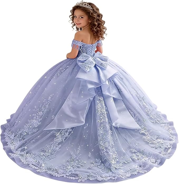 18m / Lavender Sunnypetal Princess Off-the-Shoulder Lace Appliqué Tulle Ball Gown Flower Girl Dress with Bow