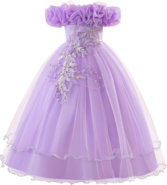 18m / Lavender Sunnypetal Romantic Off-the-Shoulder Tulle Flower Girl Dress with Floral Appliqués