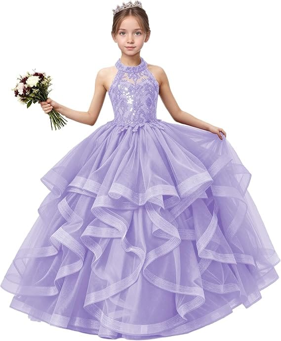 18m / Lavender Sunnypetal Sequined Lace Appliqué Tiered Tulle Flower Girl Ball Gown with Halter Neck