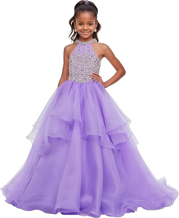 18m / Lavender Sunnypetal Sparkling High Neck Ball Gown Flower Girl Dress with Beaded Bodice