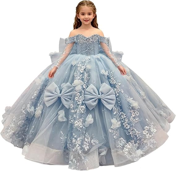 18m / Light Blue Sunnypetal 3D Floral Lace Appliqué Flower Girl Pageant Dress with Sleeves and Bow