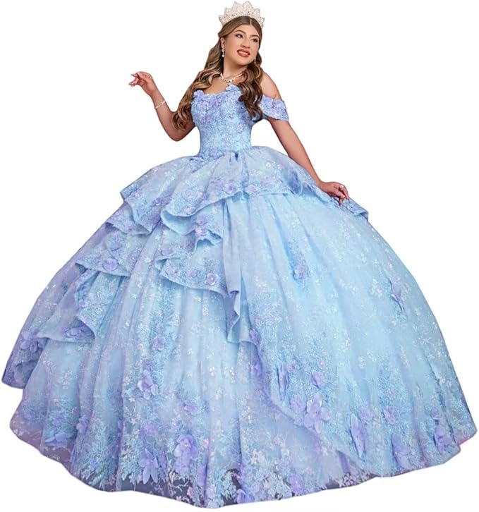 18m / Light Blue Sunnypetal Dreamy 3D Floral Tulle Ball Gown for Flower Girl or Pageant Party