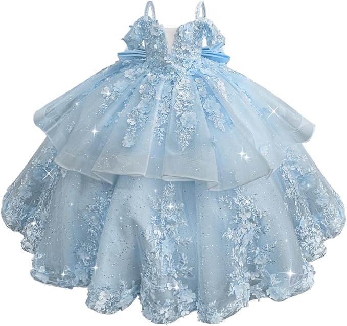 18m / Light Blue Sunnypetal Elegant Pink Off-the-Shoulder Tulle Flower Girl Dress with 3D Floral Appliqués