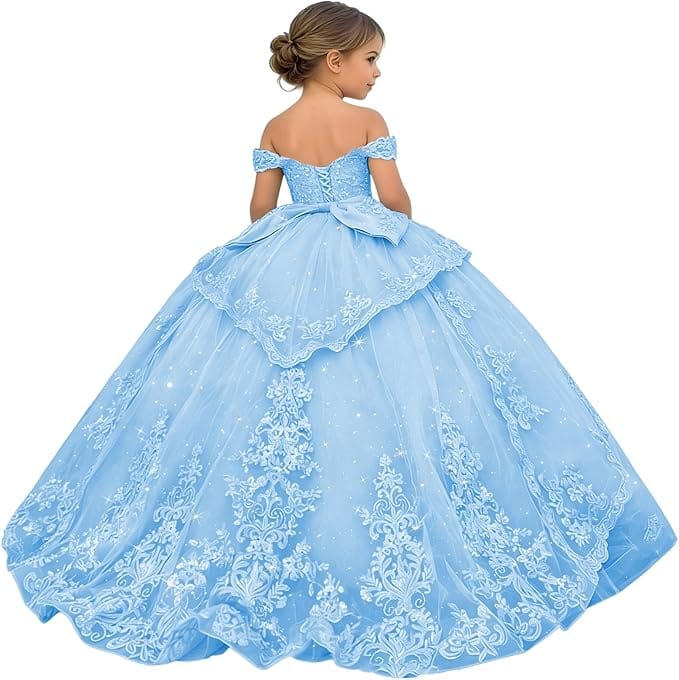 18m / Light Blue Sunnypetal Glitter Layered Tulle Ball Gown Flower Girl Dress with Lace Appliqué and Bow